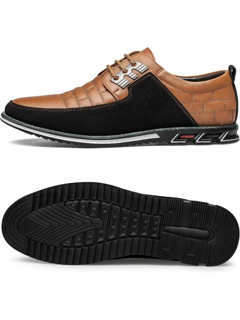 Men's Coffee Plaid Embossed Grid Leather Comfortable Hybrid Oxford Dress Sneaker